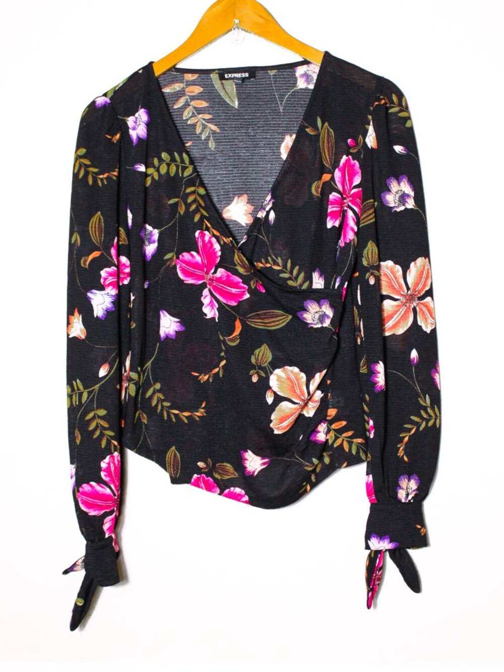 Express Faux Wrap Dark Floral Long Sleeve Top Black Size Feminine Boho Chic S